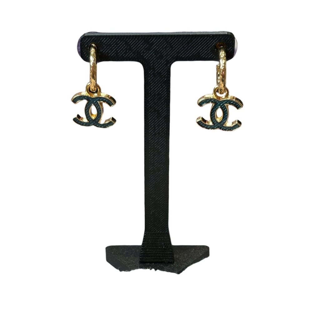 CC Stamped Upcycled Gold and Black Logo Earrings